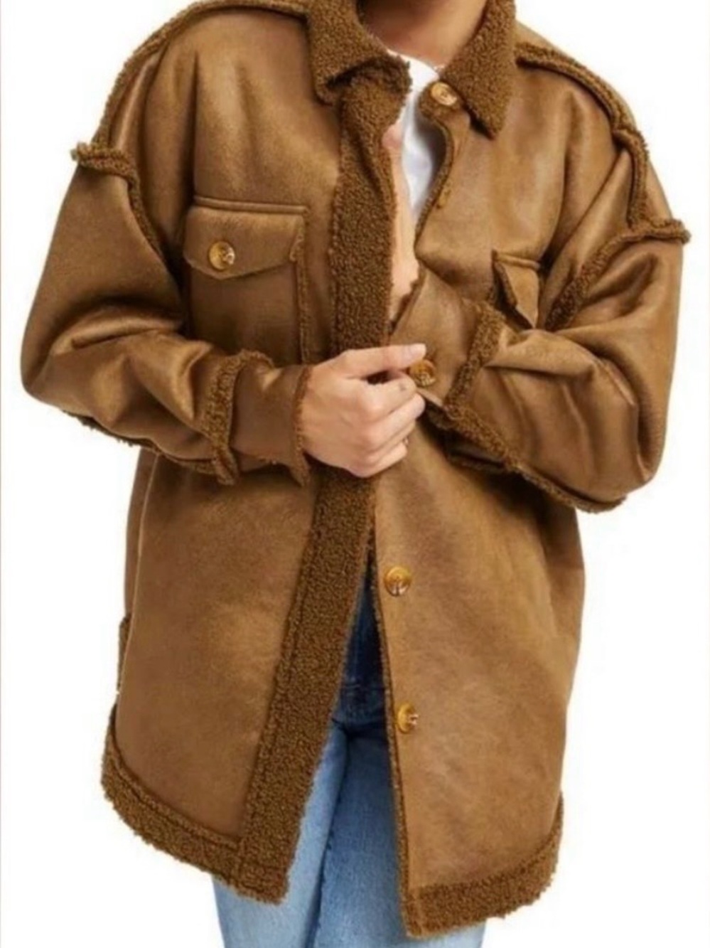 Good American Camel Brown Shearling-Trim Shacket Size XS/S